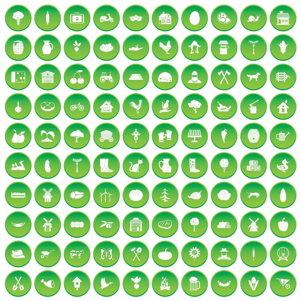 100 icônes de ferme définissent un cercle vert vecteur
