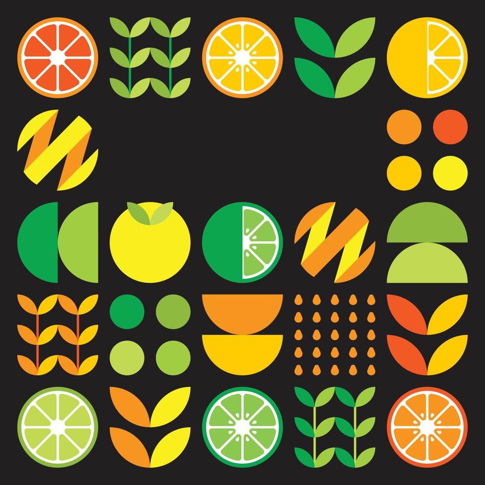 cadre vectoriel plat minimaliste en symbole d'agrumes. illustration géométrique simple d'oranges, de citrons, de limonade et de feuilles. dessin orange abstrait sur fond noir. bon pour les affiches ou les bannières.