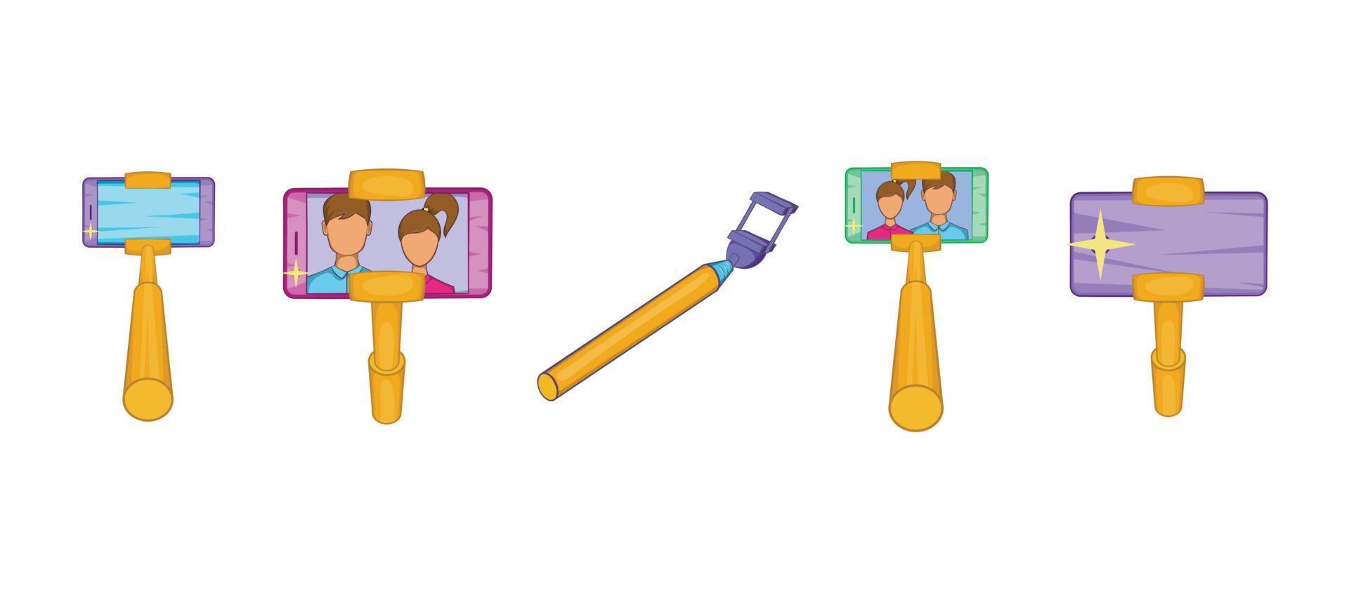 jeu d'icônes de bâton selfie, style dessin animé vecteur