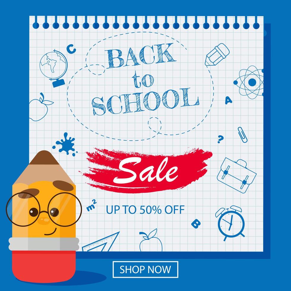 bannière de vente de retour à l'école avec des objets liés à l'éducation sur du papier quadrillé et un personnage de crayon stylisé avec des lunettes. illustration vectorielle à vendre, remise, réduction, offre spéciale pour le shopping. vecteur