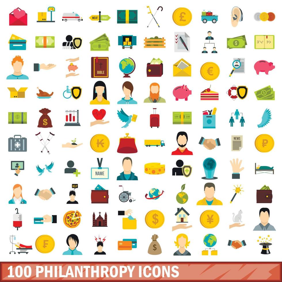 Ensemble de 100 icônes de philanthropie, style plat vecteur