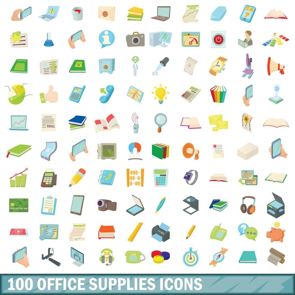Ensemble de 100 icônes de fournitures de bureau, style cartoon vecteur
