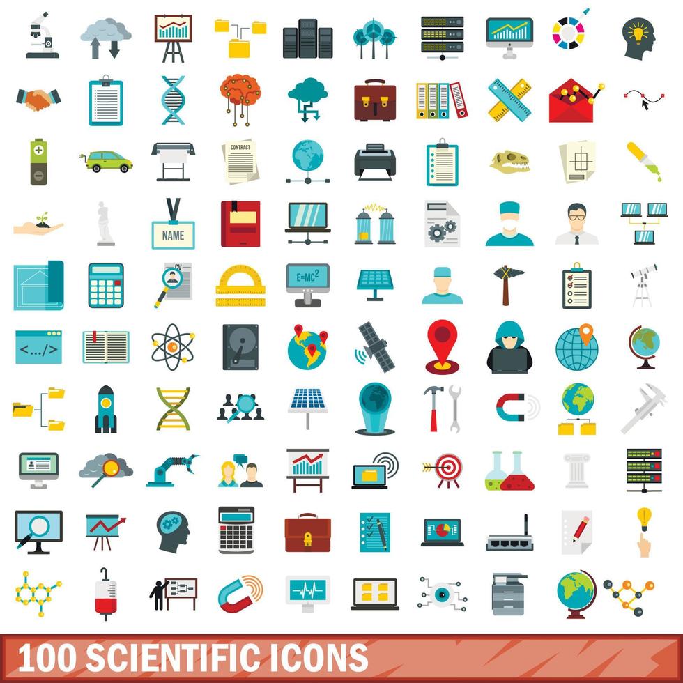 Ensemble de 100 icônes scientifiques, style plat vecteur