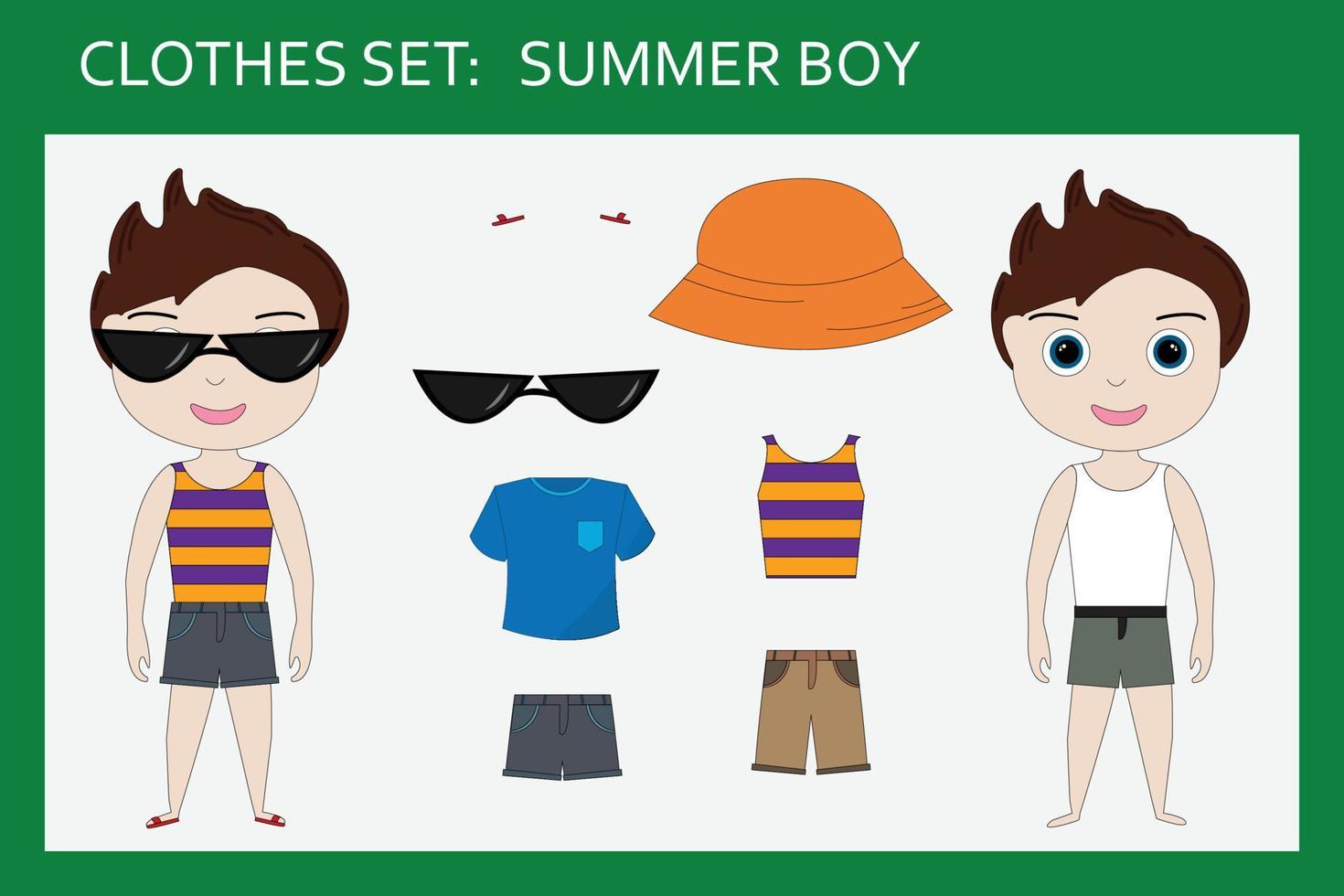 un ensemble de vêtements pour un petit garçon gai pour l'été short, panama, tshirt, lunettes de soleil, tongs vecteur