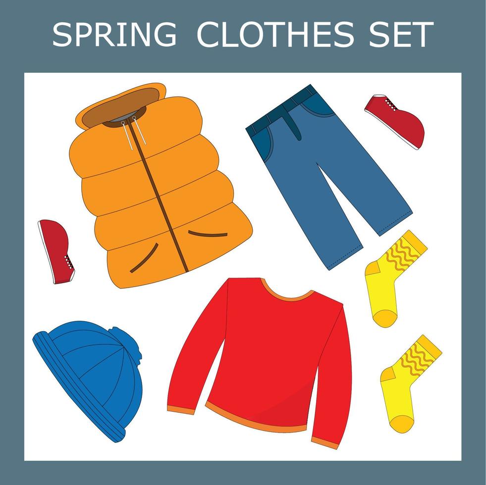 vêtements de printemps pour enfants pour un garçon sur fond blanc. collection de vêtements chauds pour garçons illustration vectorielle vecteur