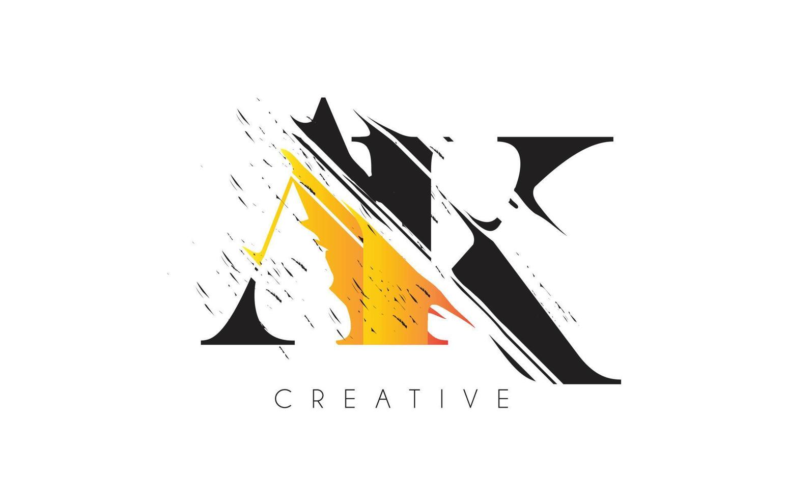 logo de lettre ak noir et jaune avec dessin vintage grundge. vecteur d'icône de lettre coupée détruite.