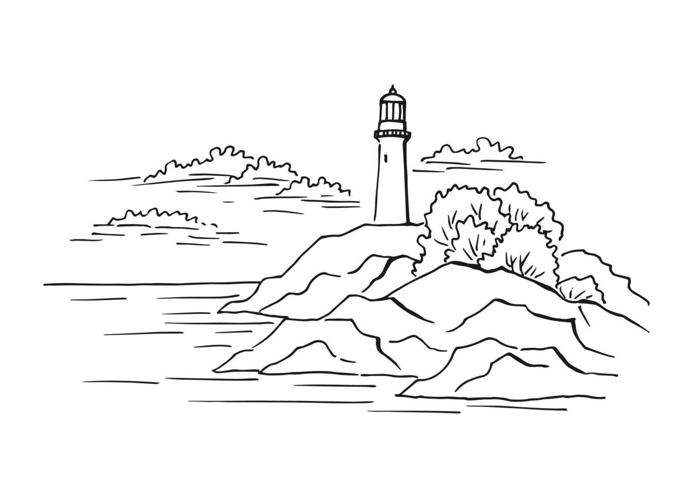 paysage marin. phare. illustration dessinée à la main convertie en vecteur. vecteur d'illustration de croquis de paysage graphique de côte de mer.