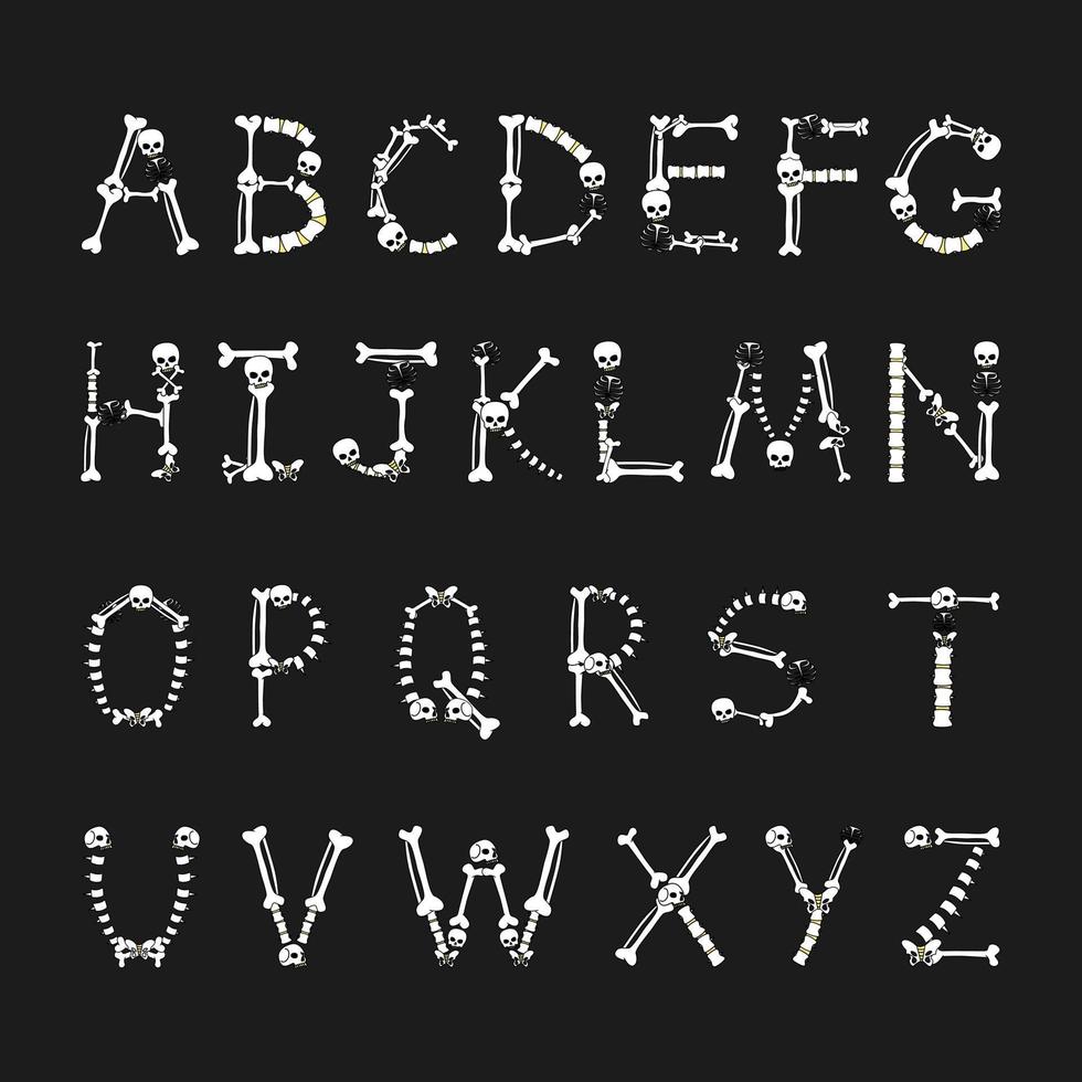 alphabet des os. police des os. crâne, colonne vertébrale, mâchoire et bassin. alphabet effrayant infernal. vecteur