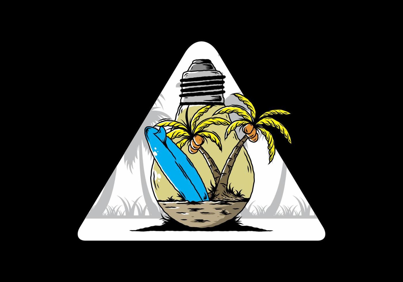cocotier et planche de surf dans une illustration de lampe à ampoule vecteur