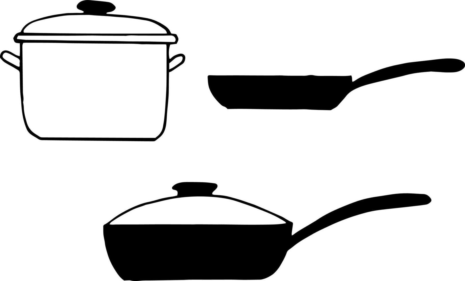 casserole d'ustensiles de cuisine, icône de jeu de poêle à frire. style de griffonnage dessiné à la main. , minimalisme, monochrome, croquis. cuisson des aliments faire bouillir frire vecteur