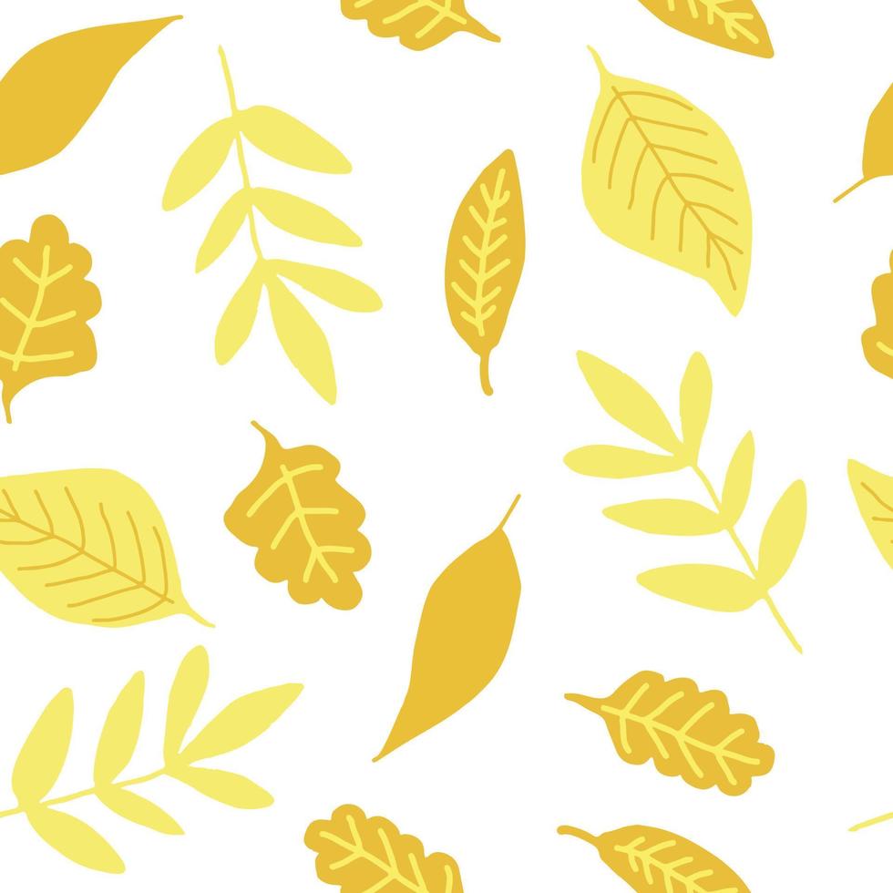 feuilles d'automne motif sans couture dans les couleurs tendance 2021. Doodle dessiné à la main. , minimalisme. textile, numérique, papier cadeau, fond orange, or jaune vecteur