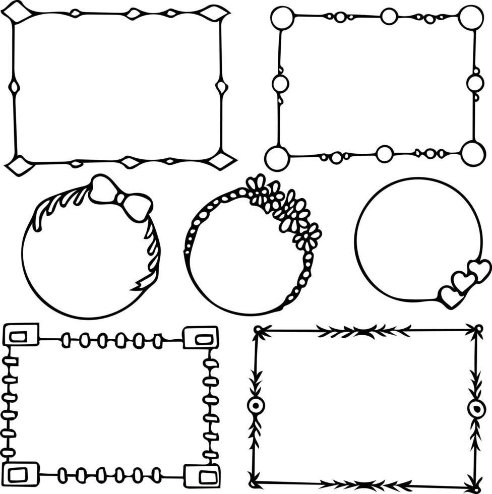 cadres ronds et rectangulaires ensemble croquis doodle dessiné à la main. collection d'éléments de bordure pour le design, vecteur, monochrome, minimalisme, coeurs, fleurs, feuilles, flèches, arcs vecteur