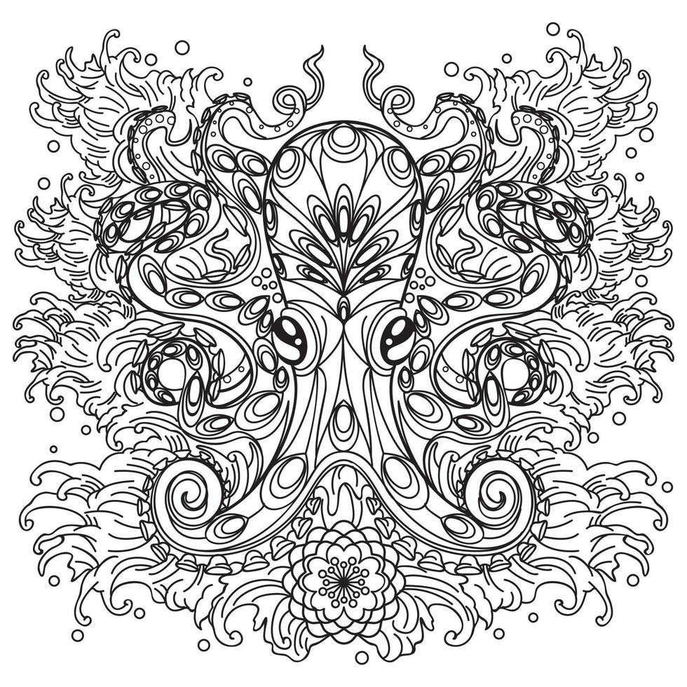une pieuvre tachetée, une actinie et des coraux sur un récif tropical, une illustration vectorielle en noir et blanc en style dessin animé pour un livre de coloriage vecteur