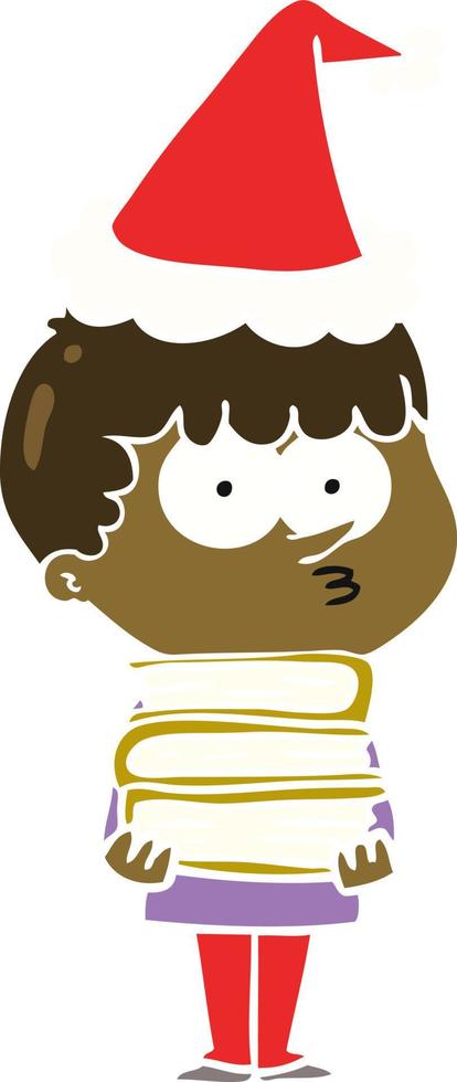 illustration en couleur plate d'un garçon curieux avec beaucoup de livres portant un bonnet de noel vecteur