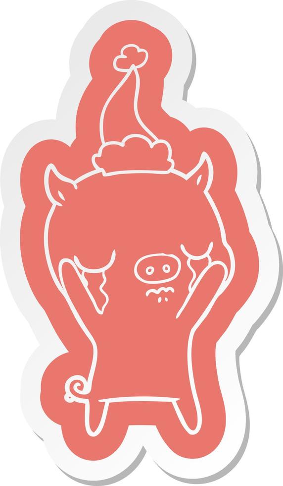 autocollant de dessin animé d'un cochon qui pleure portant un bonnet de noel vecteur