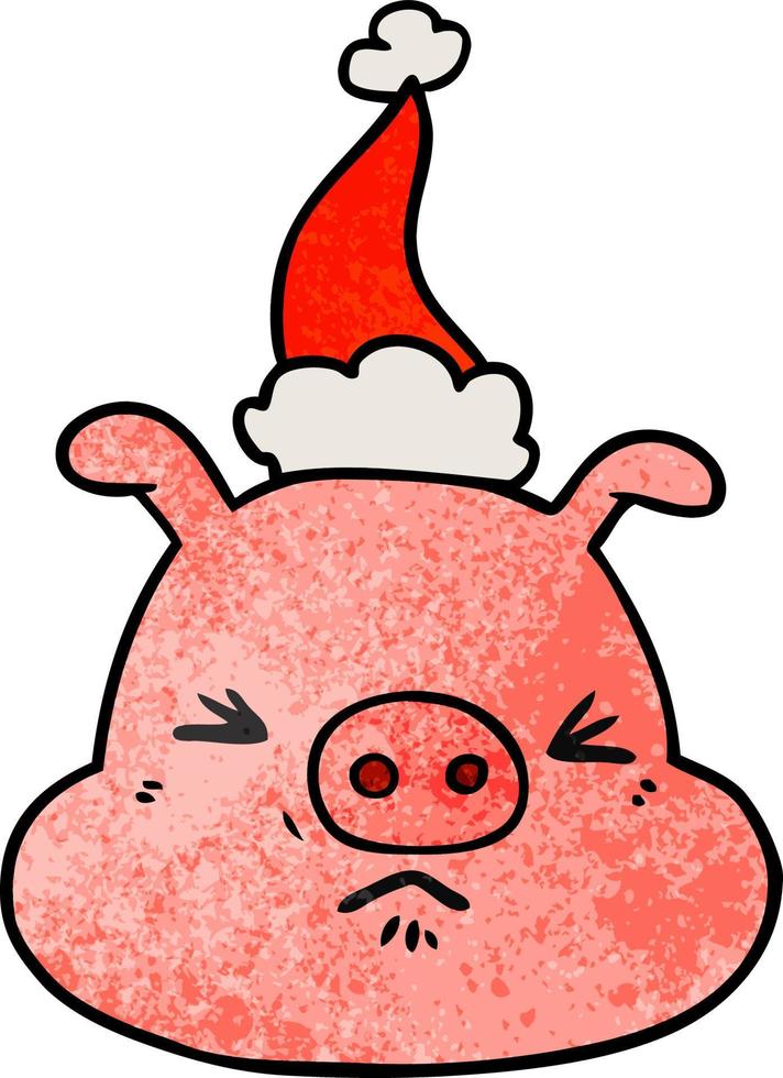 dessin animé texturé d'un visage de cochon en colère portant un bonnet de noel vecteur