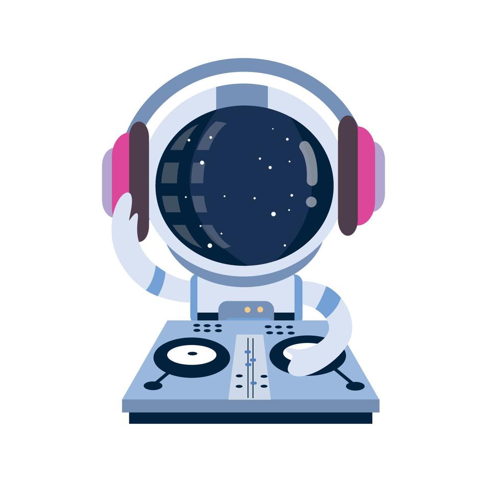 DJ astronaute avec platine et casque. illustration vectorielle de style comique de l'univers disco. vecteur