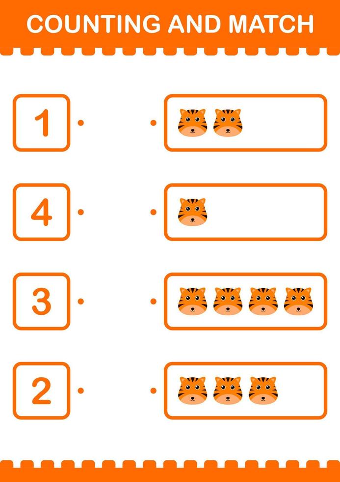 compter et faire correspondre le visage du tigre. feuille de travail pour les enfants vecteur