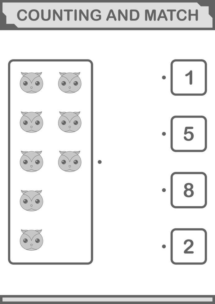 compter et faire correspondre le visage de hibou. feuille de travail pour les enfants vecteur