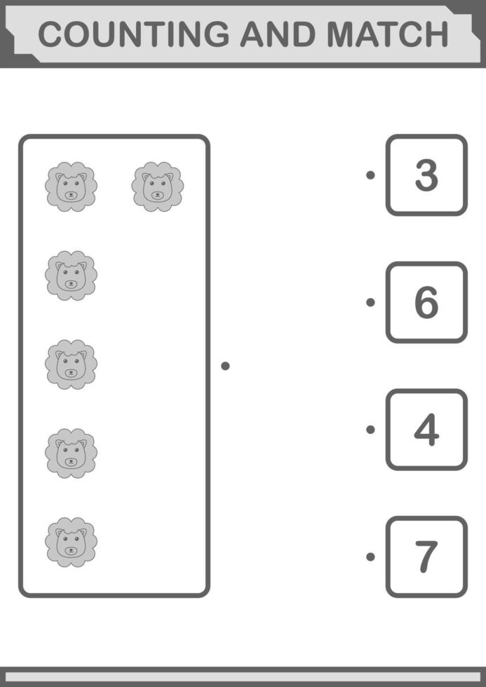 compter et faire correspondre le visage de lion. feuille de travail pour les enfants vecteur