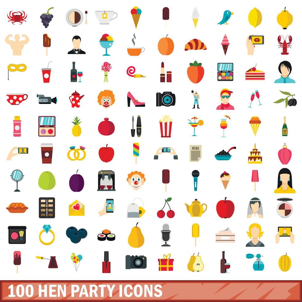 Ensemble de 100 icônes de fête de poule, style plat vecteur