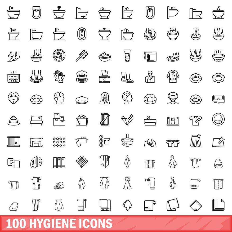 Ensemble de 100 icônes d'hygiène, style de contour vecteur