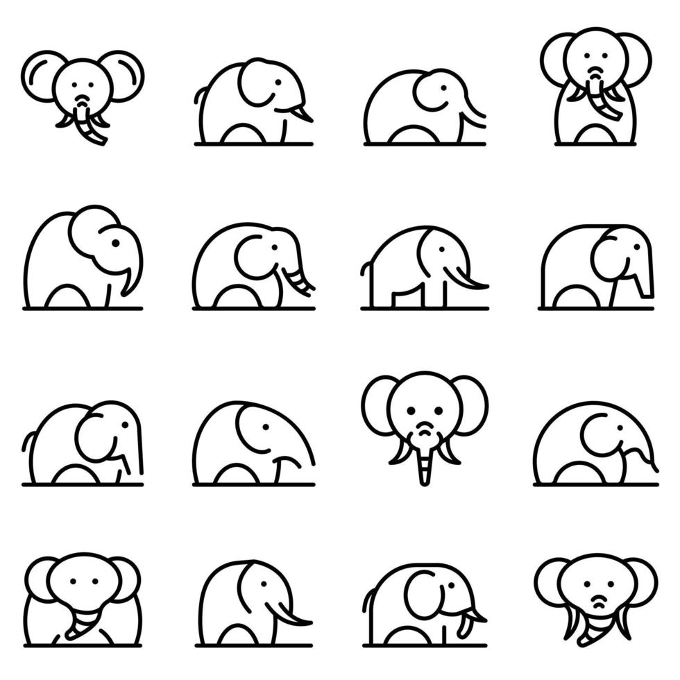 jeu d'icônes d'éléphant, style de contour vecteur