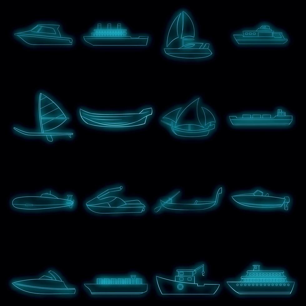 icônes de bateau et de bateau définies vecteur néon