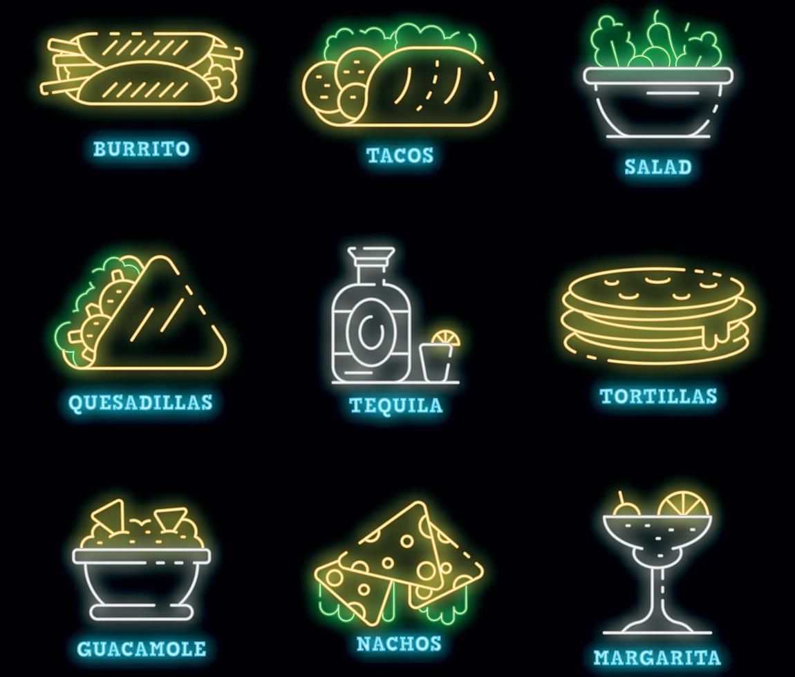 icônes de cuisine mexicaine définies vecteur néon
