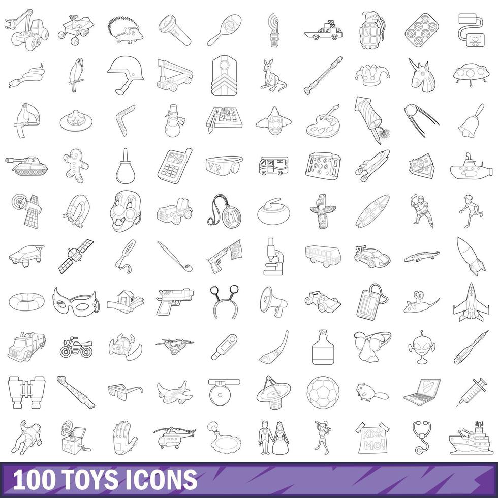 Jeu de 100 icônes de jouets, style de contour vecteur