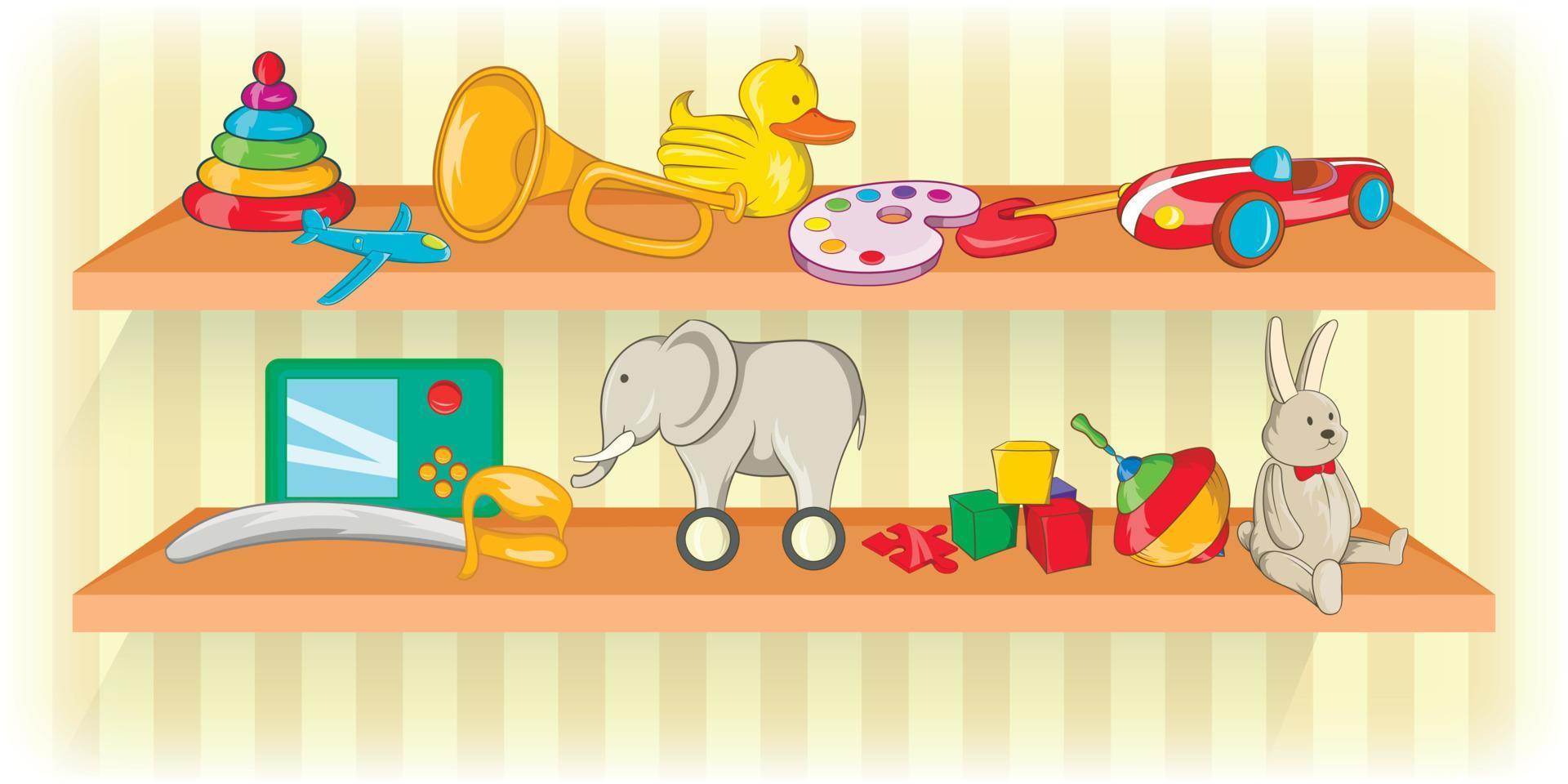 bannière horizontale d'étagère de jouets, style cartoon vecteur