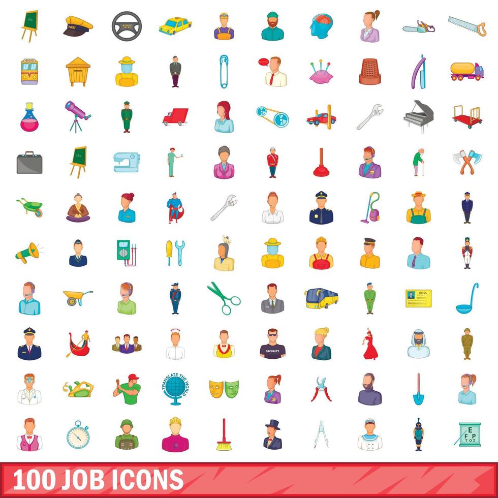 Ensemble de 100 icônes de travail, style cartoon vecteur