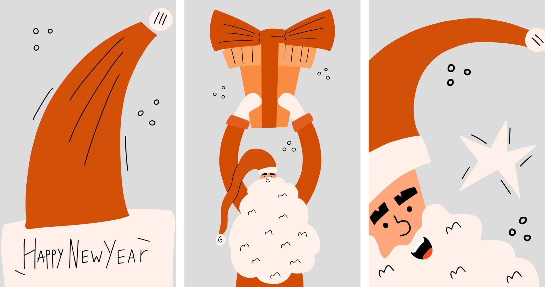 jeu de cartes de noël avec le père noël et le chapeau rouge du nouvel an. collection de cartes postales design dessinées à la main. illustration vectorielle vecteur