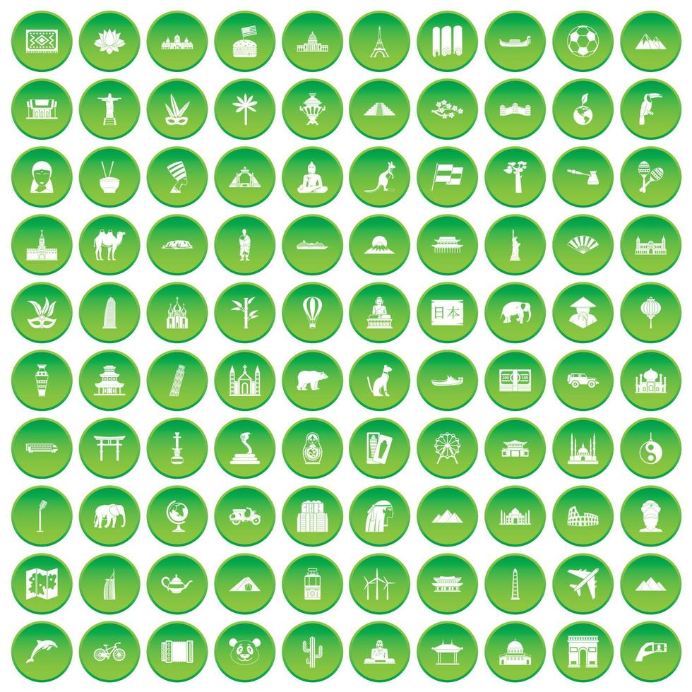 100 icônes du monde définissent un cercle vert vecteur