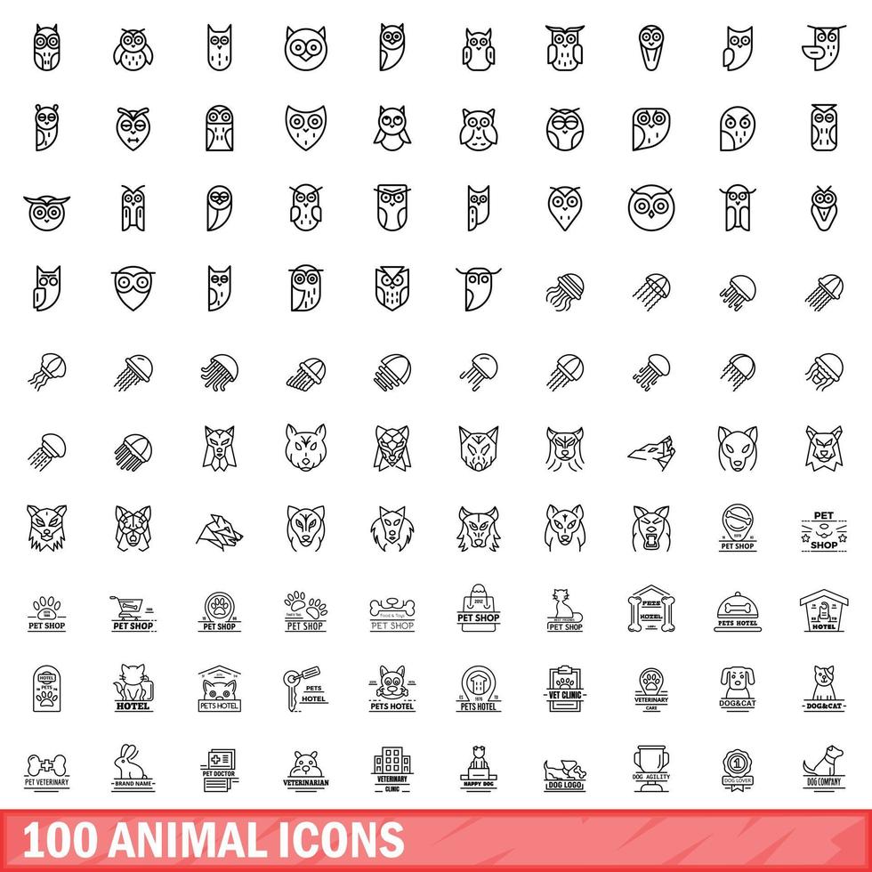 Ensemble de 100 icônes d'animaux, style de contour vecteur