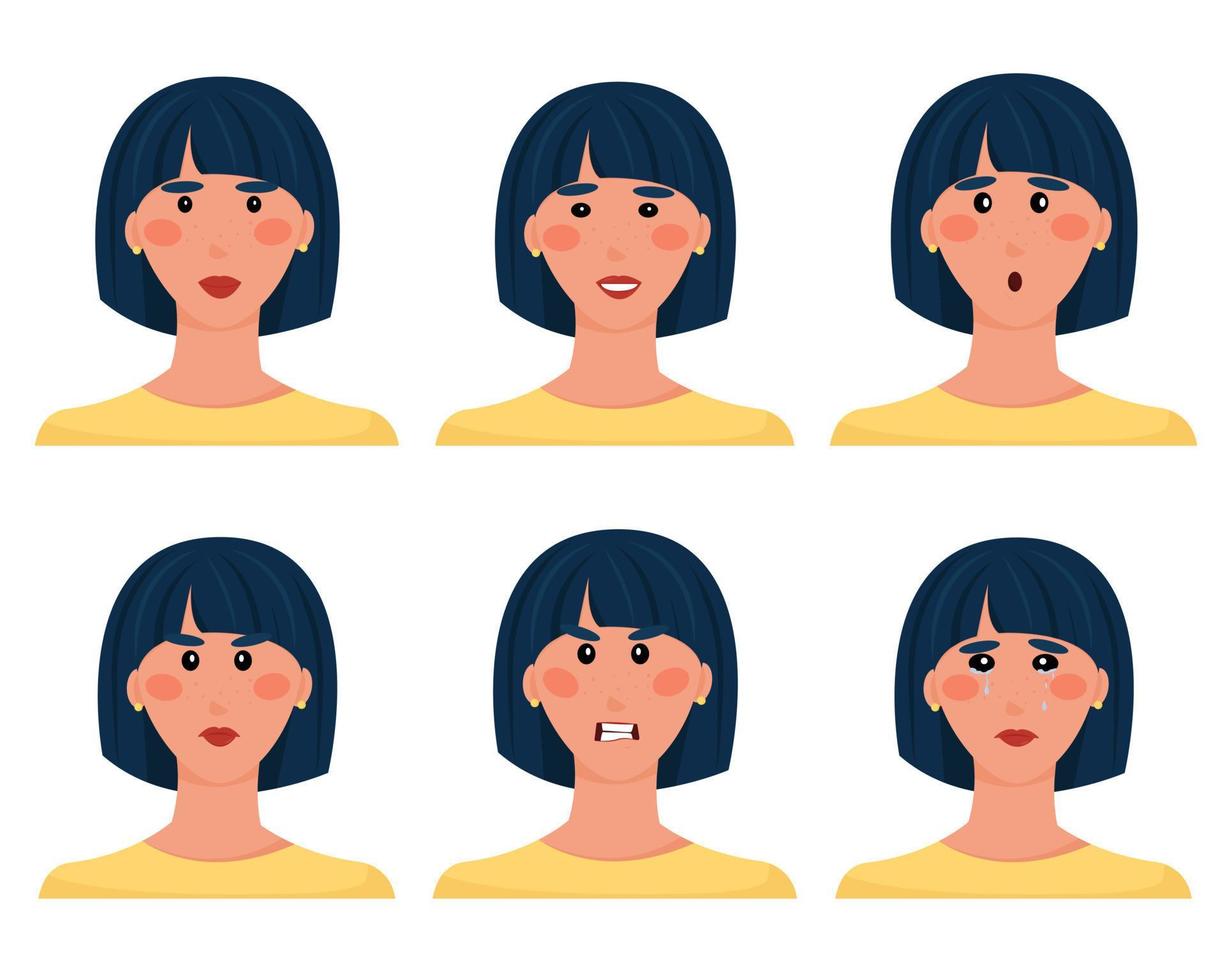 ensemble d'avatars brunes avec différentes expressions faciales. personnage féminin de dessin animé mignon. sourire, déception, surprise, larmes, colère, tristesse. illustration vectorielle isolée sur fond blanc, plat vecteur