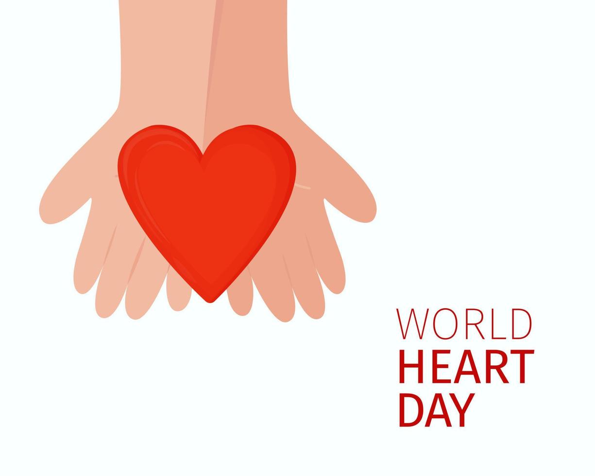 journée mondiale du cœur. dans ses mains est le cœur écarlate. thème de la cardiologie. carte postale médicale thématique. illustration vectorielle, plat vecteur