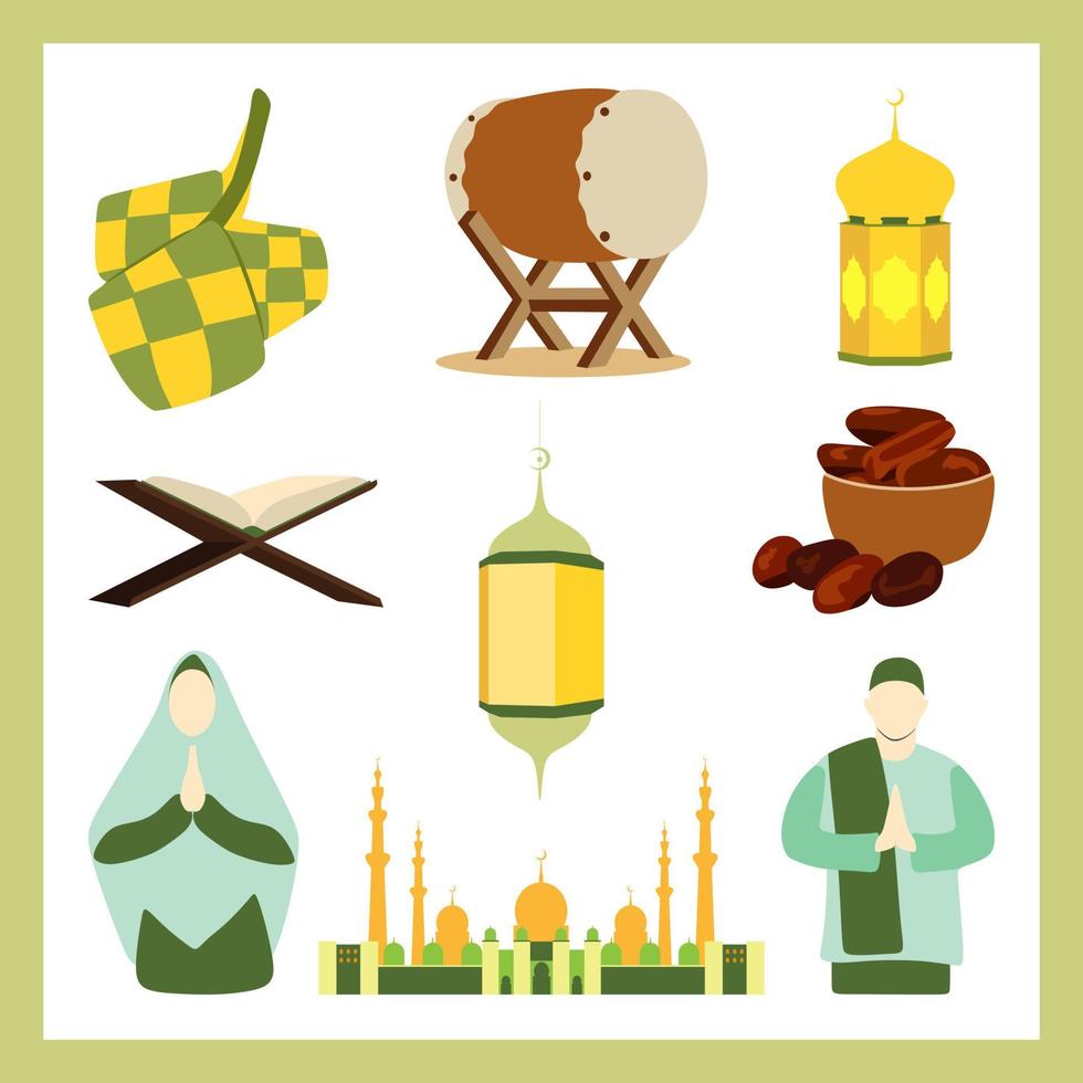 ensemble de collections d'éléments pour la religion de l'islam. icônes islamiques, kareem ramadhan, jeu d'icônes eid al-fitr. illustration vectorielle de style plat vecteur