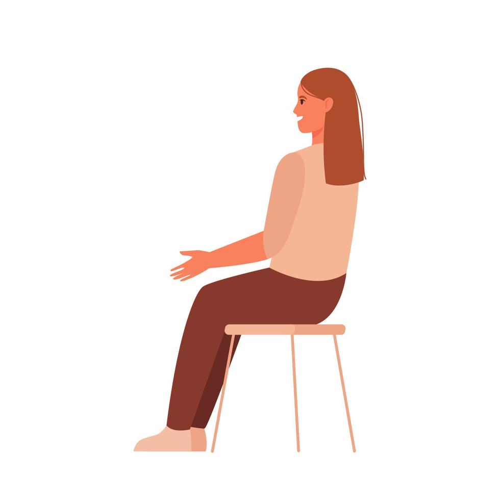 personnage féminin assis sur une chaise et parlant. illustration vectorielle plane. vecteur