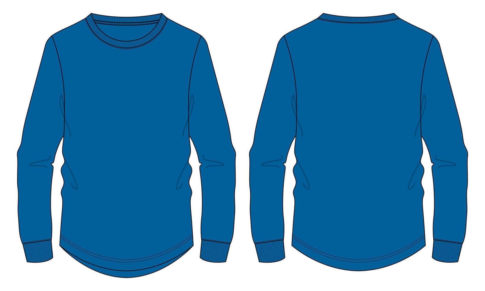 t shirt à manches longues mode technique croquis plat illustration vectorielle modèle de couleur bleue pour hommes et garçons vecteur