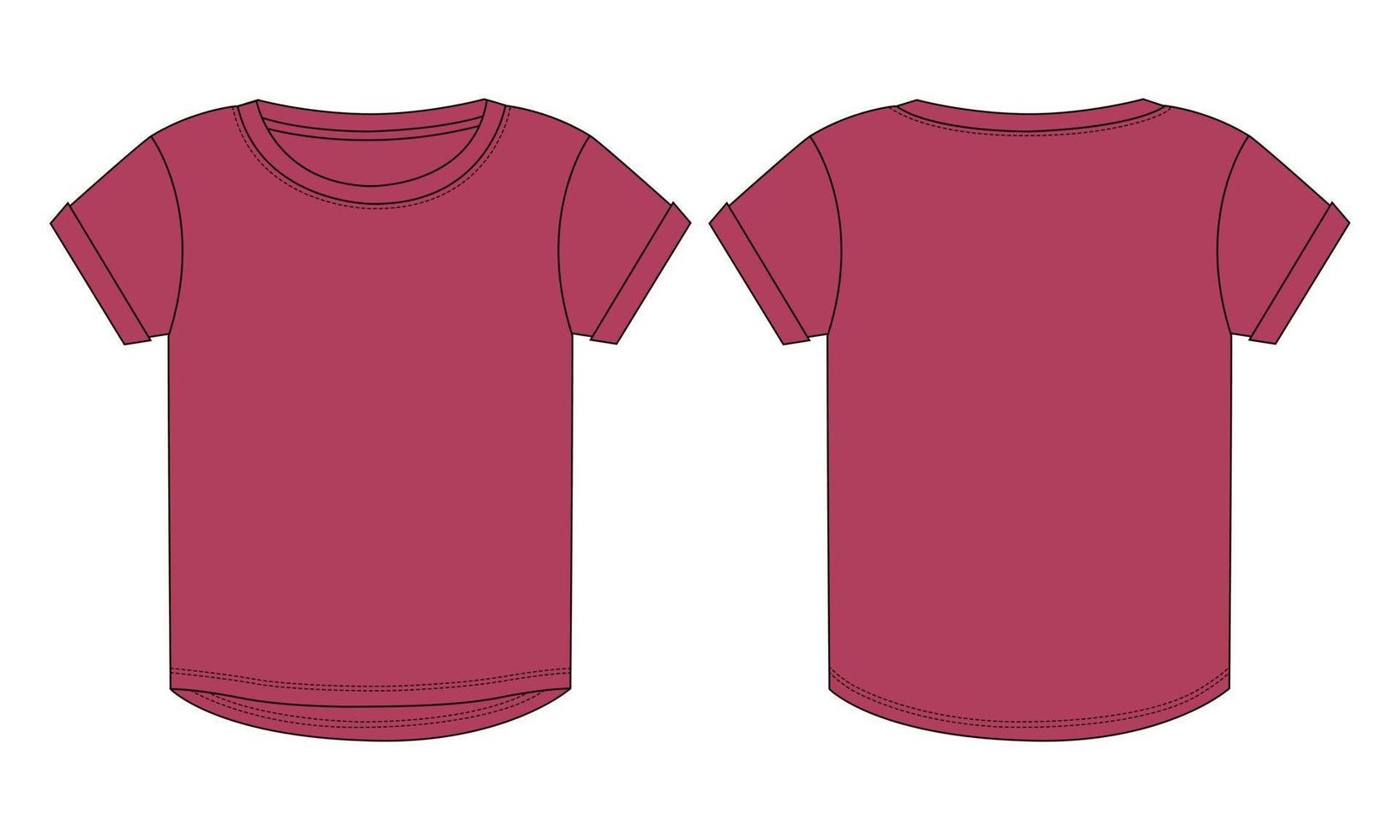 t shirt à manches courtes mode technique croquis plat illustration vectorielle modèle de couleur rouge pour dames et bébés filles vecteur