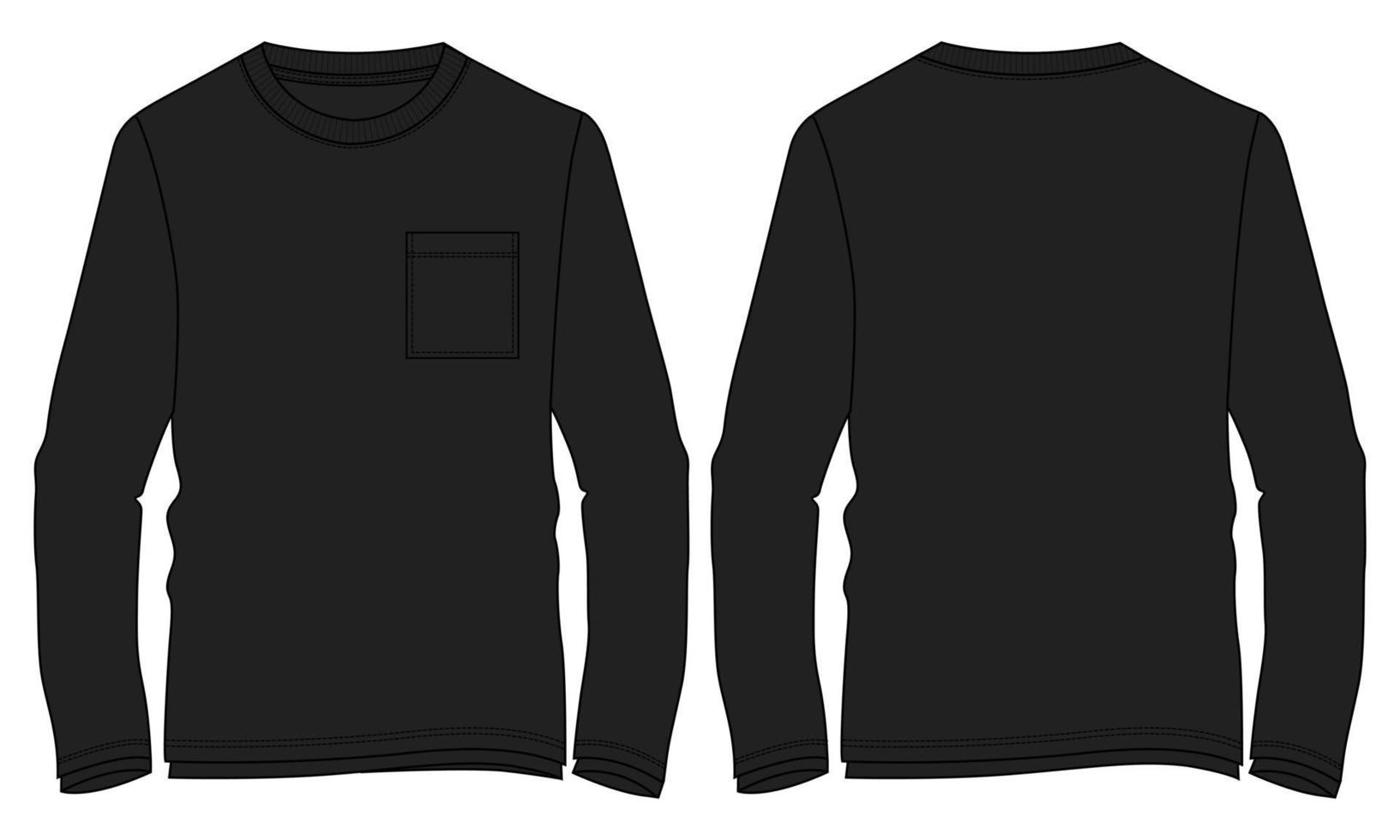 t shirt à manches longues mode technique croquis plat illustration vectorielle modèle de couleur noire vecteur
