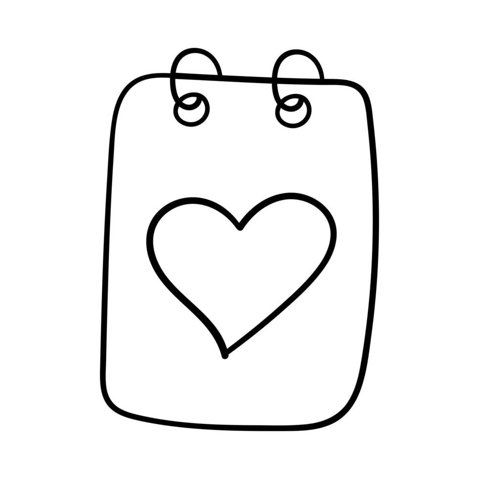 feuille de calendrier avec coeur. élément décoratif pour la saint valentin. un simple objet de conception de contour unique est dessiné à la main et isolé sur un fond blanc. illustration vectorielle noir et blanc. vecteur
