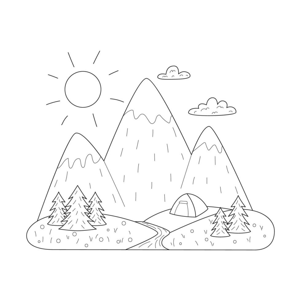 montagnes, rivière, sapins et une tente à l'horizon. paysage d'été simple dans un style doodle. loisirs de plein air, randonnée, camping, tourisme. contour noir blanc vector illustration isolé sur blanc.