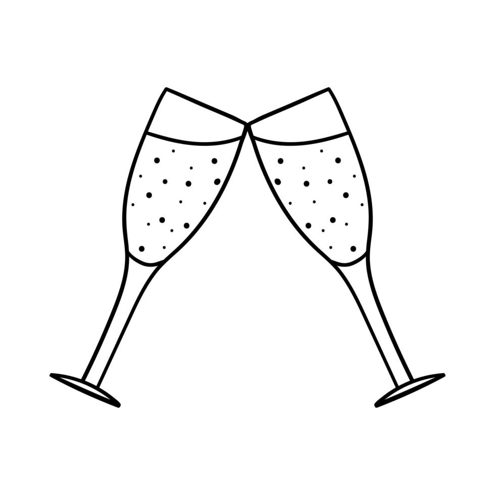 les verres de champagne tintent ensemble. élément décoratif pour la saint valentin. un simple objet de conception de contour unique est dessiné à la main et isolé sur un fond blanc. illustration vectorielle noir blanc. vecteur