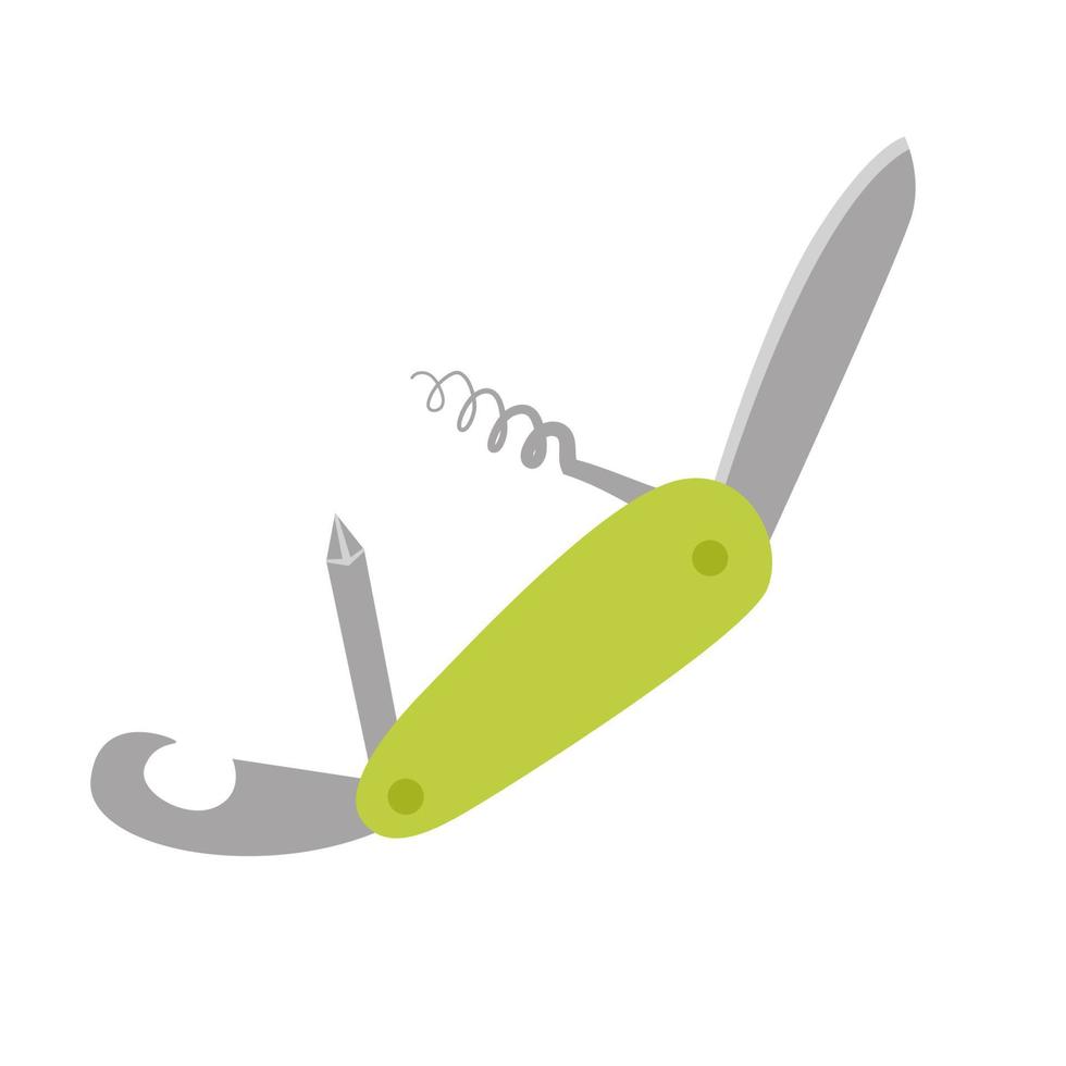 couteau suisse, multitool, couteau de poche multifonctionnel. équipement pour la pêche, le tourisme, les voyages, le camping, la randonnée. illustration vectorielle plane isolée sur fond blanc. vecteur