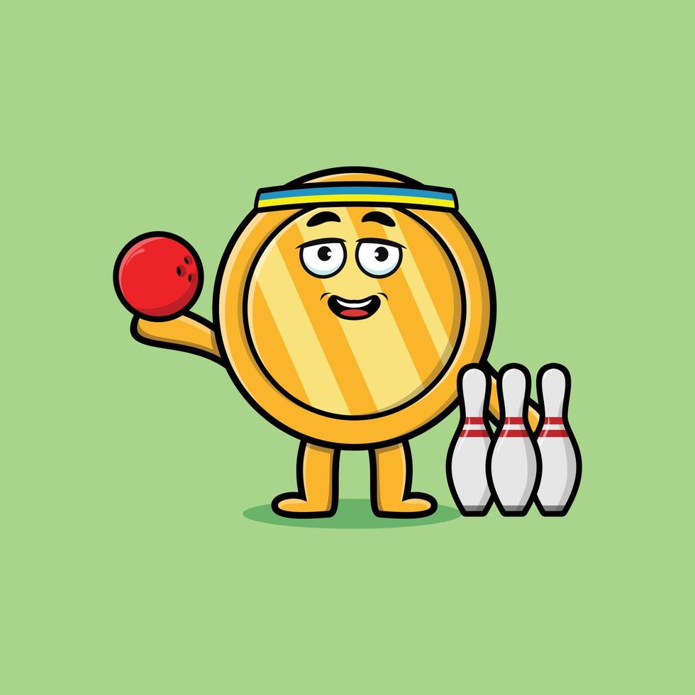 personnage de dessin animé mignon pièce d'or jouant au bowling vecteur