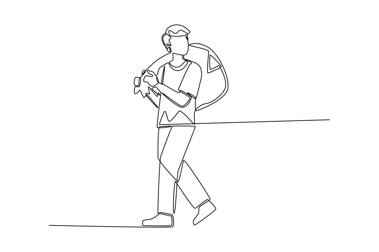 une ligne continue dessinant un jeune homme portant un sac poubelle sur son épaule. concept d'écologie et de recyclage. illustration graphique vectorielle de dessin à une seule ligne. vecteur