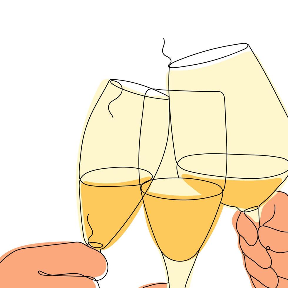 les mains tintent les verres à vin. dessin continu d'une ligne de couleur. les gens trinquent des verres de boissons. concept de toast festif isolé sur fond blanc. illustration vectorielle. vecteur