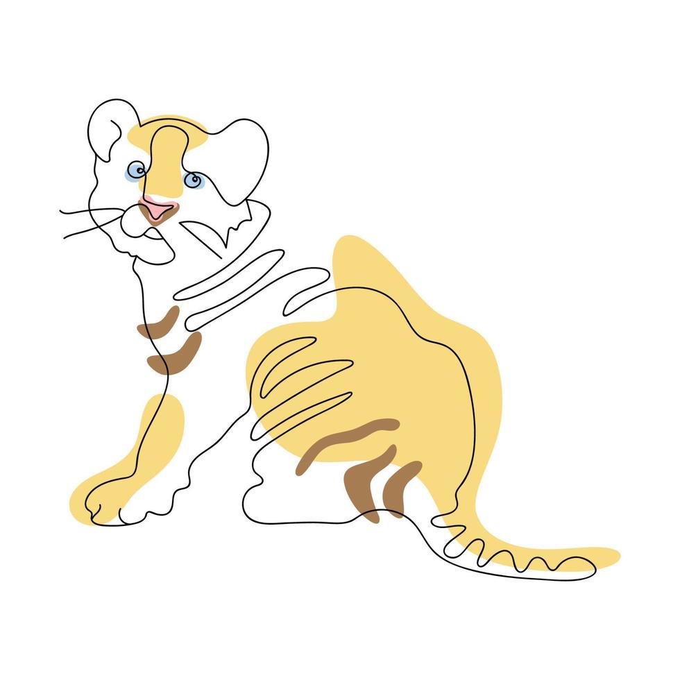 dessin continu d'une ligne d'un petit tigre. dessin au trait animal. tigre d'icône de couleur isolé. concept de la faune du zoo. illustration vectorielle. vecteur